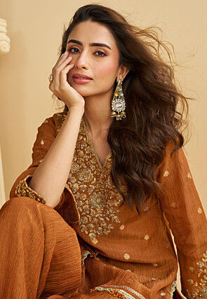 Embroidered Chinon Chiffon Pakistani Suit in Rust