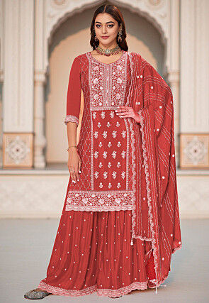 Embroidered Chinon Chiffon Pakistani Suit in Rust