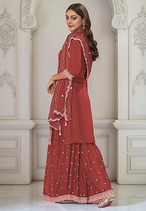 Embroidered Chinon Chiffon Pakistani Suit in Rust