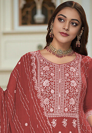 Embroidered Chinon Chiffon Pakistani Suit in Rust