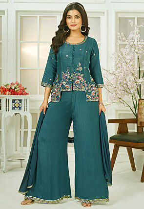 Embroidered Chinon Chiffon Pakistani Suit in Teal Blue