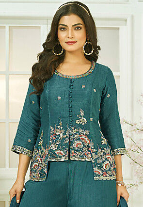 Embroidered Chinon Chiffon Pakistani Suit in Teal Blue