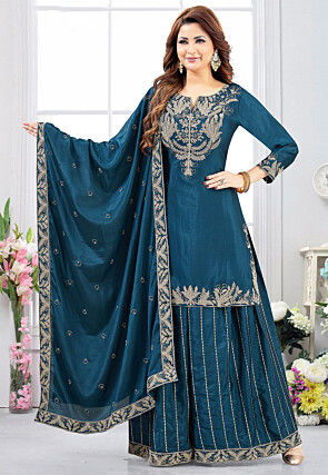 Embroidered Chinon Chiffon Pakistani Suit in Teal Blue