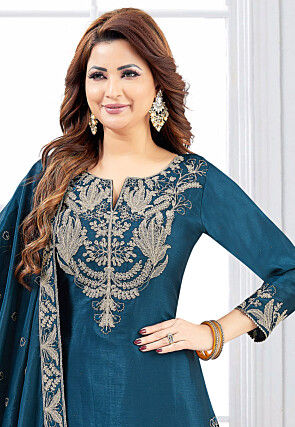 Embroidered Chinon Chiffon Pakistani Suit in Teal Blue