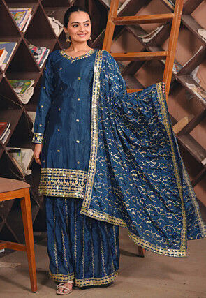 Embroidered Chinon Chiffon Pakistani Suit in Teal Blue