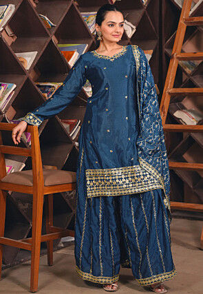 Embroidered Chinon Chiffon Pakistani Suit in Teal Blue