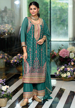 Embroidered Chinon Chiffon Pakistani Suit in Teal Green