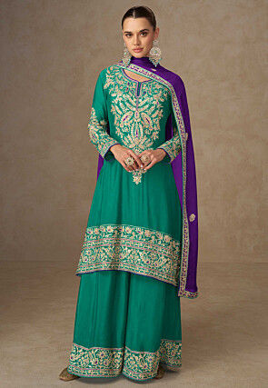 Embroidered Chinon Chiffon Pakistani Suit in Teal Green