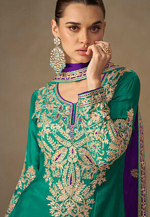 Embroidered Chinon Chiffon Pakistani Suit in Teal Green
