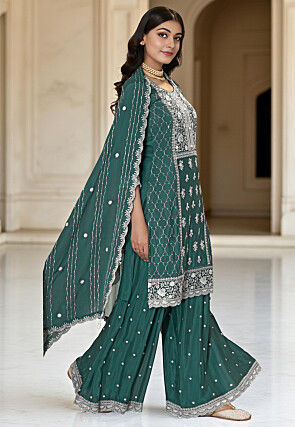 Embroidered Chinon Chiffon Pakistani Suit in Teal Green