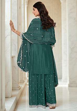 Embroidered Chinon Chiffon Pakistani Suit in Teal Green