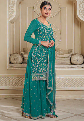 Embroidered Chinon Chiffon Pakistani Suit in Teal Green