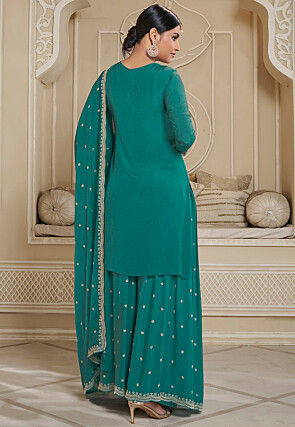 Embroidered Chinon Chiffon Pakistani Suit in Teal Green