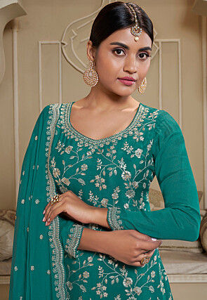Embroidered Chinon Chiffon Pakistani Suit in Teal Green