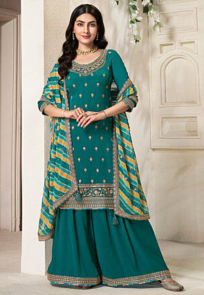 Embroidered Chinon Chiffon Pakistani Suit in Teal Green