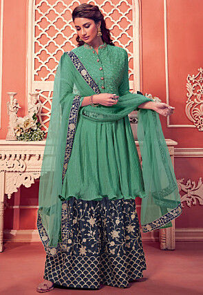 Embroidered Chinon Chiffon Pakistani Suit in Teal Green