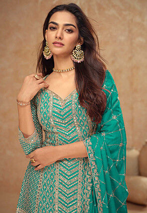 Embroidered Chinon Chiffon Pakistani Suit in Turquoise