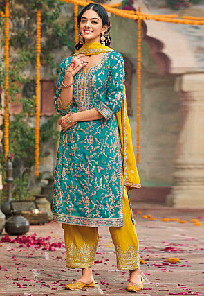 Embroidered Chinon Chiffon Pakistani Suit in Turquoise