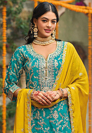 Embroidered Chinon Chiffon Pakistani Suit in Turquoise