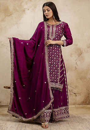 Embroidered Chinon Chiffon Pakistani Suit in Wine