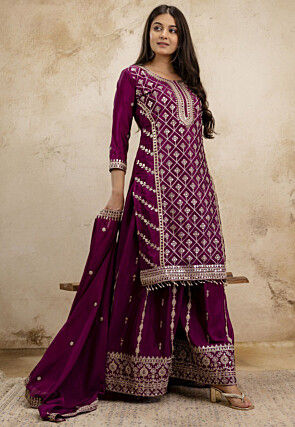 Embroidered Chinon Chiffon Pakistani Suit in Wine