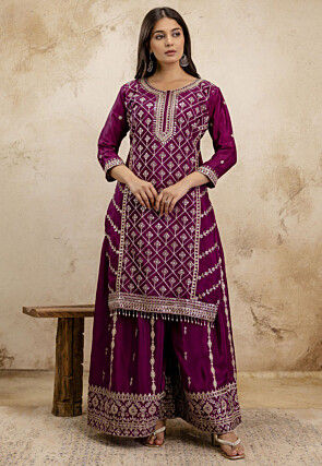 Embroidered Chinon Chiffon Pakistani Suit in Wine
