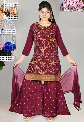 Embroidered Chinon Chiffon Pakistani Suit in Wine