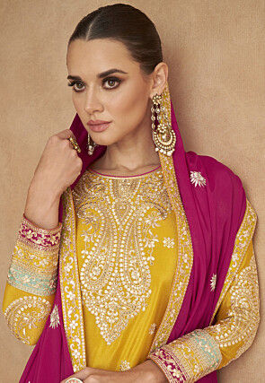 Embroidered Chinon Chiffon Pakistani Suit in Yellow and Red