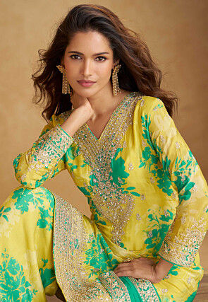 Embroidered Chinon Chiffon Pakistani Suit in Yellow