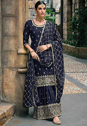 Embroidered Chinon Chiffon Pakistani Suit in Navy Blue