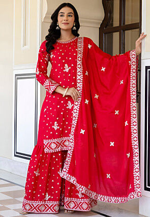 Embroidered Chinon Chiffon Pakistani Suit in Red