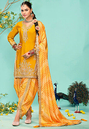 Embroidered Chinon Chiffon Punjabi Suit in Mustard