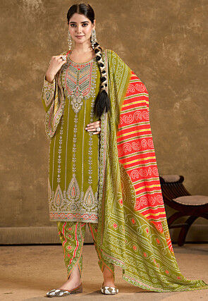 Embroidered Chinon Chiffon Punjabi Suit in Olive Green