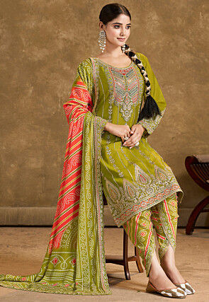 Embroidered Chinon Chiffon Punjabi Suit in Olive Green