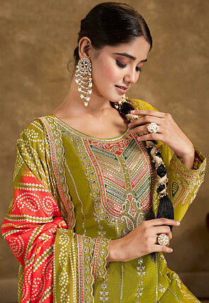 Embroidered Chinon Chiffon Punjabi Suit in Olive Green