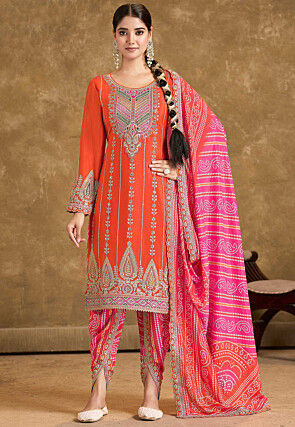 Embroidered Chinon Chiffon Punjabi Suit in Orange