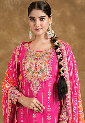 Embroidered Chinon Chiffon Punjabi Suit in Pink
