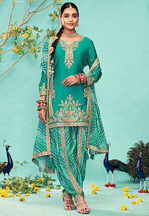 Embroidered Chinon Chiffon Punjabi Suit in Teal Blue