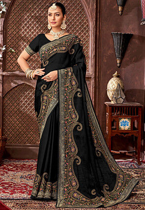 Embroidered Chinon Chiffon Saree in Black