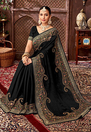 Embroidered Chinon Chiffon Saree in Black