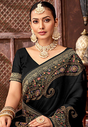 Embroidered Chinon Chiffon Saree in Black