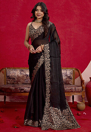 Embroidered Chinon Chiffon Saree in Black