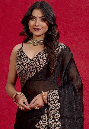 Embroidered Chinon Chiffon Saree in Black