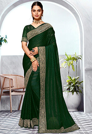 Embroidered Chinon Chiffon Saree in Dark Green