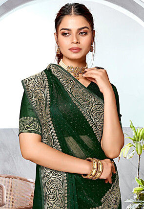 Embroidered Chinon Chiffon Saree in Dark Green