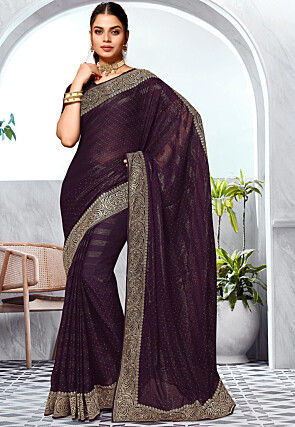 Embroidered Chinon Chiffon Saree in Dark Purple