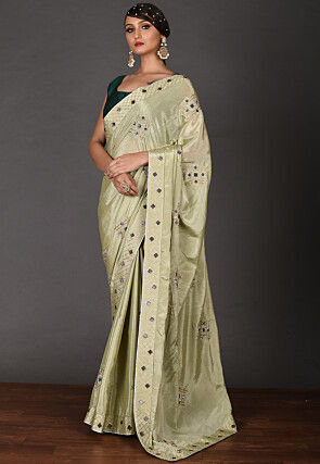 Embroidered Chinon Chiffon Saree in Dusty Green