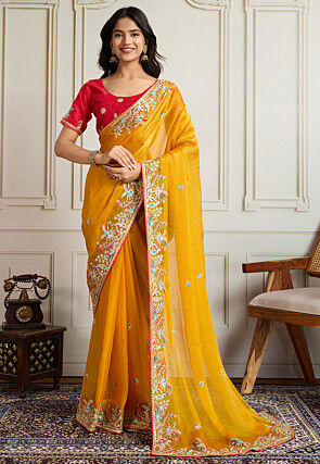 Embroidered Chinon Chiffon Saree in Mustard