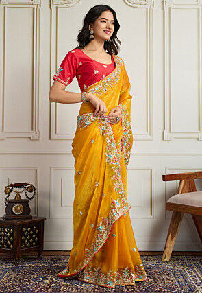 Embroidered Chinon Chiffon Saree in Mustard