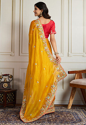 Embroidered Chinon Chiffon Saree in Mustard